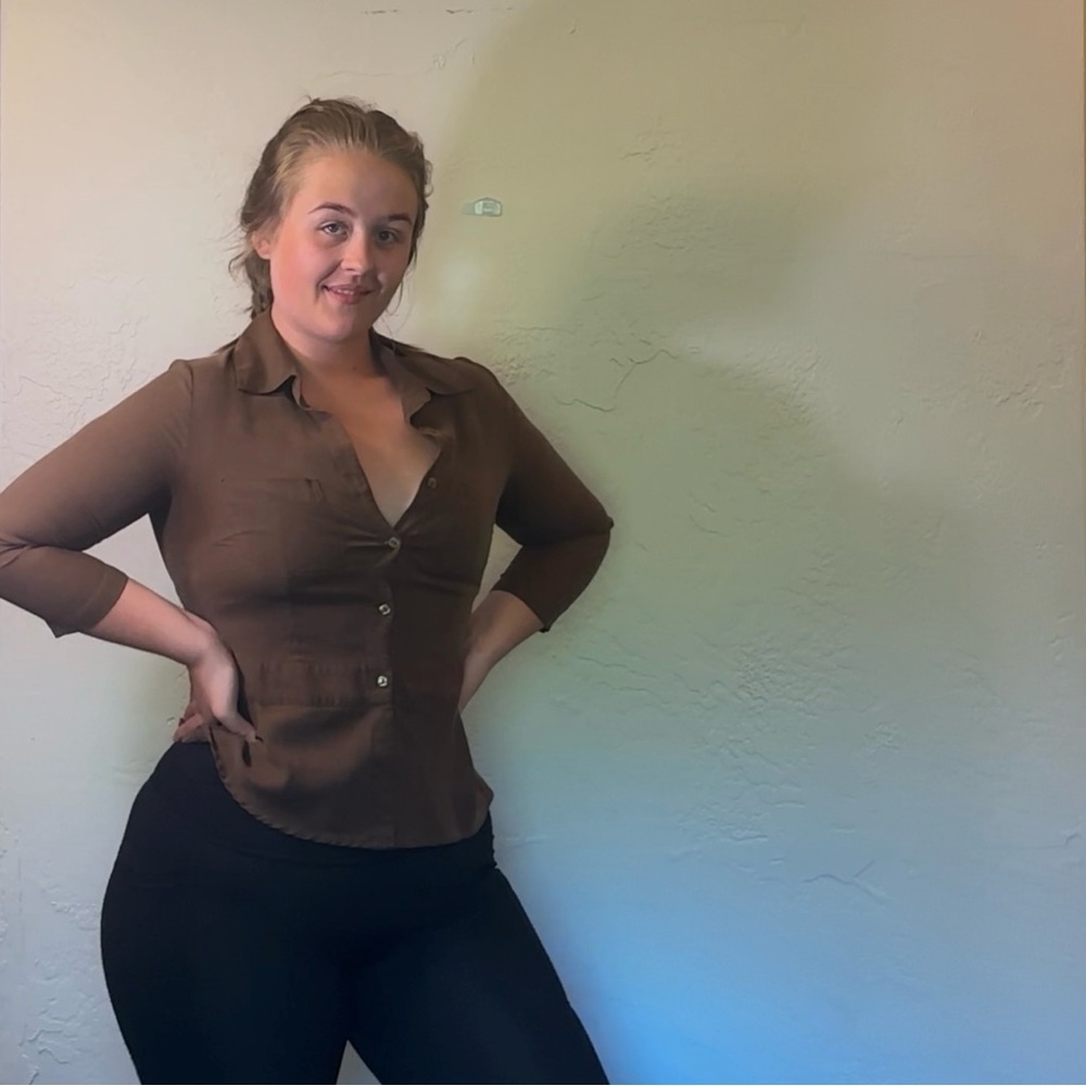 Elementz 100% Silk Button Down. Size Small Brown - image 5